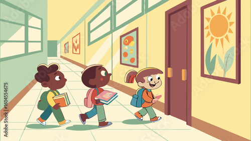 Children Exploring Art Display in School Hallway with Bright Colors and