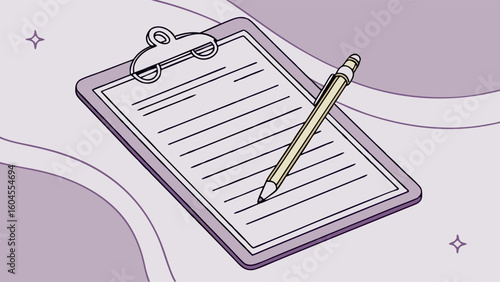 Clipboard with Blank Paper and Pencil on Purple Background for Note Taking