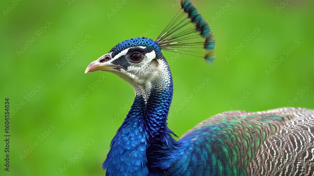 Majestic Blue Peacock Head Close-up with Detailed Crest Against a Soft Green Background, Highlighting Vibrant Feathers and Intelligent Eye Majestic Blue Peacock Head Close-up with Detailed Crest Against a Soft Green Background, Highlighting Vibrant Feathers and Intelligent Eye