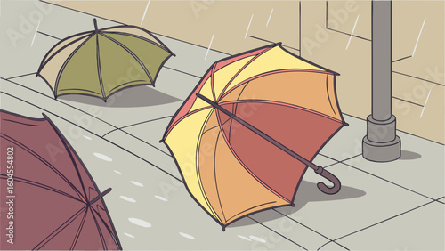 Colorful Umbrellas Resting on a Rainy Street with Reflections and Puddles