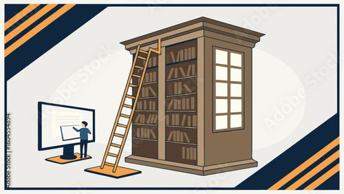 Modern Illustration of a Bookshelf with Ladder and Computer Workspace