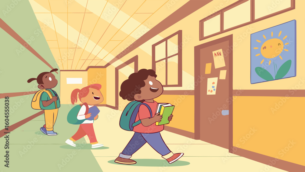 Three Children Walking in a Colorful School Hallway with Cheerful Artwork Three Children Walking in a Colorful School Hallway with Cheerful Artwork