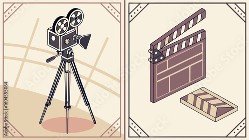 Vintage Film Camera and Clapperboard on a Neutral Background for Cinema