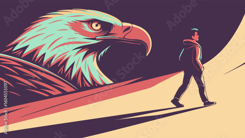 A Man Walking Alongside a Majestic Eagle Against a Colorful Abstract Landscape