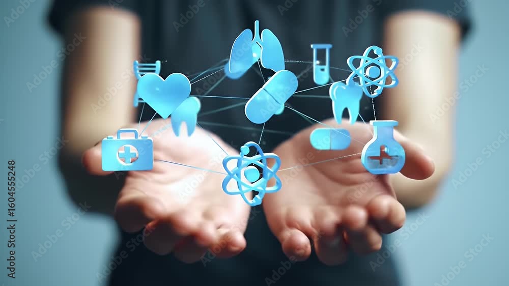 Hands Presenting Medical and Healthcare Concept with Digital Icons on a Blurred Background Hands Presenting Medical and Healthcare Concept with Digital Icons on a Blurred Background