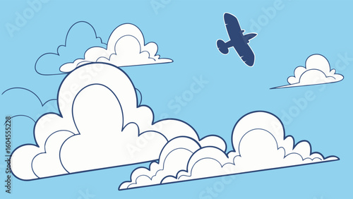 Blue Sky with Fluffy White Clouds and an Airplane Flying Above