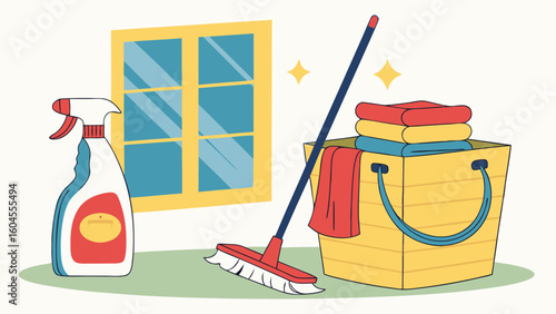Colorful Cleaning Supplies Arranged Neatly Near a Bright Window in a Cozy Room