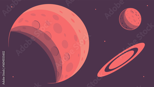 Colorful Illustration of Celestial Bodies with Pink Planets and Ringed Moon