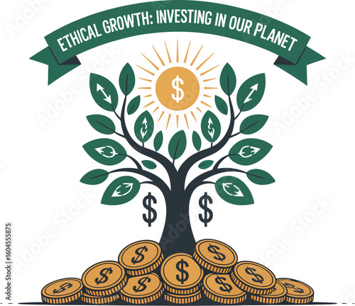 Illustration of a money tree with dollar sign coins and ethical growth investing in our planet banner