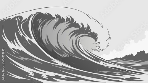 Dramatic Ocean Wave Crashing with Graceful Curves in Monochrome Tones