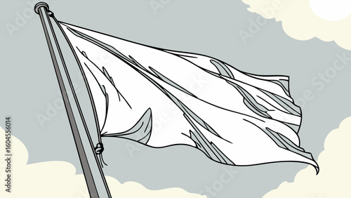 Floating White Flag Against a Soft Blue Sky with Clouds in Tranquil Atmosphere