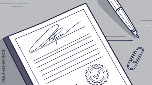 Formal Contract Document Featuring Signature and Seal on Desk with Pen