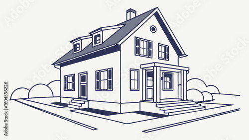 Illustration of a Two-Story Residential House with Front Steps and Garden