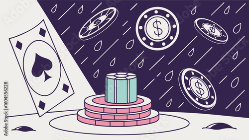 Illustration of Casino Elements Including Poker Chips and Playing Cards in Neon