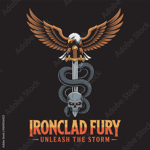 An eagle atop a coiled serpent and skull creates a powerful symbol of fury and freedom. vector illustration.
