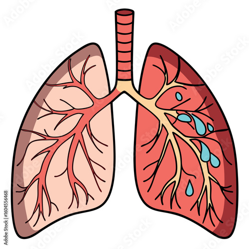 Animated human lungs shows arteries, veins, and alveoli, highlighting internal organ, the background is transparent