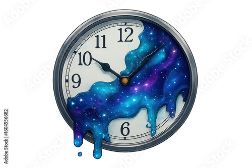 Melting clock displaying warped galaxy texture, symbolizing fluid temporal dimensions against starry cosmic backdrop