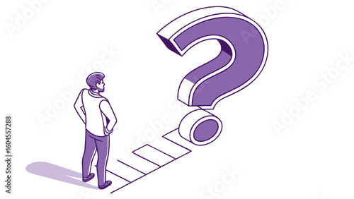 Thoughtful Man Reflecting on a Large Question Mark in Abstract Illustration