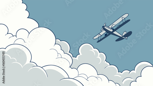 Vintage Airplane Flying Over Soft White Clouds in a Blue Sky