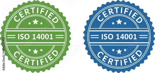 Certified ISO 14001 green and blue seal on white background
