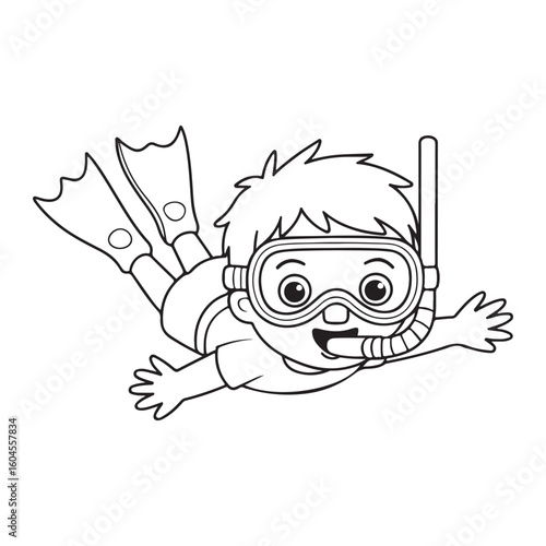 Line art of boy snorkeling with flippers and diving mask