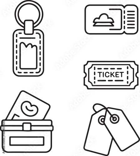 Souvenir Line Icon Pack Keychain, Postcard, Memory Box, Travel Ticket Stub, Bracelet Charm, and Gift Tag