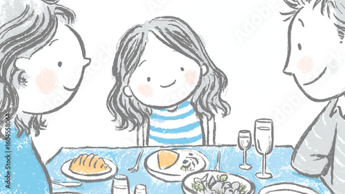 家族で食事を楽しむ食卓のイラスト - 賑やかな団らんの風景