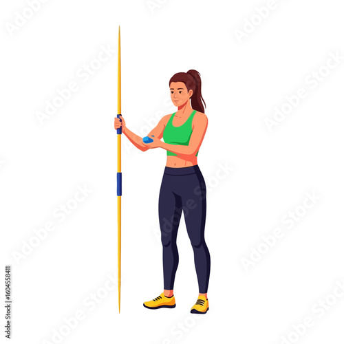 Female Athlete Preparing Javelin for Throw Isolated on White Background