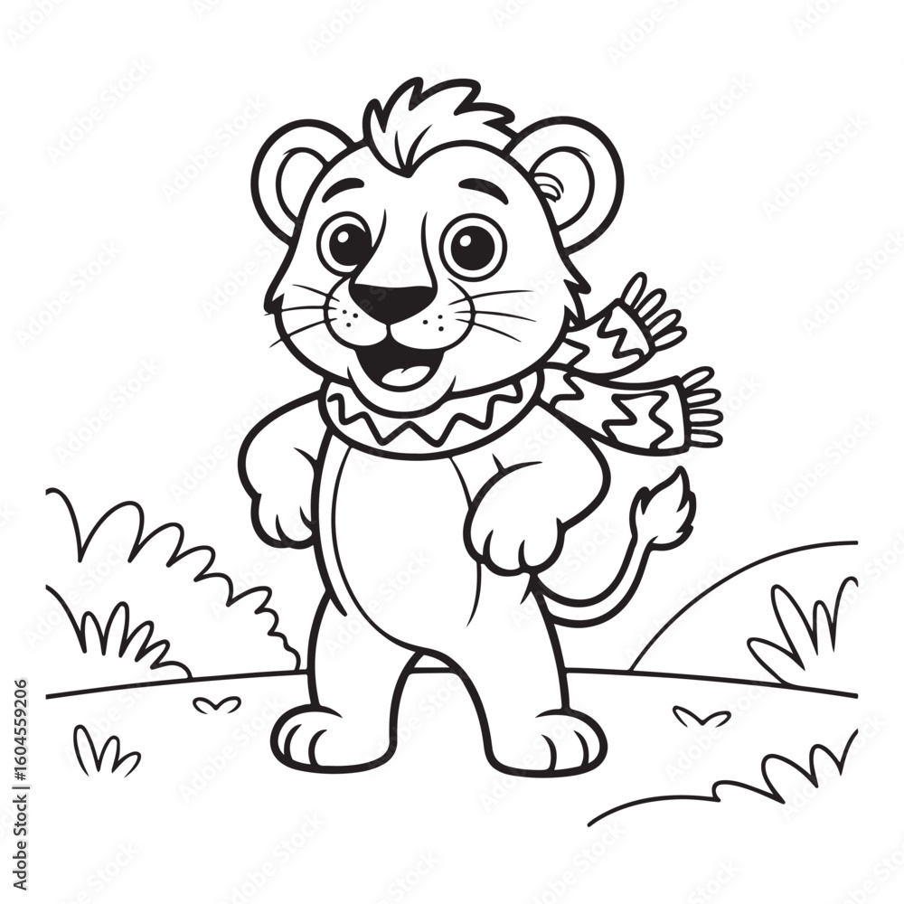 Obraz premium Cartoon lion wearing a scarf standing in a grassy field