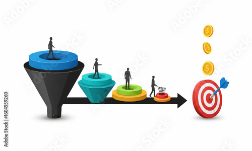 Sales funnel illustration showing stages of a sales process on white background