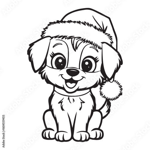 Cartoon puppy wearing a santa hat in black and white line art