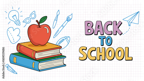 Back to School Illustration with Books Apple and Doodle Elements Welcoming Students for New Academic Year
