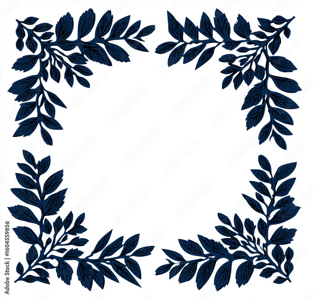 silhouette laser-cut frame with black leaves, simple design, vector graphic, flat white background, navy blue on the outside of the rectangular shape. silhouette laser-cut frame with black leaves, simple design, vector graphic, flat white background, navy blue on the outside of the rectangular shape.