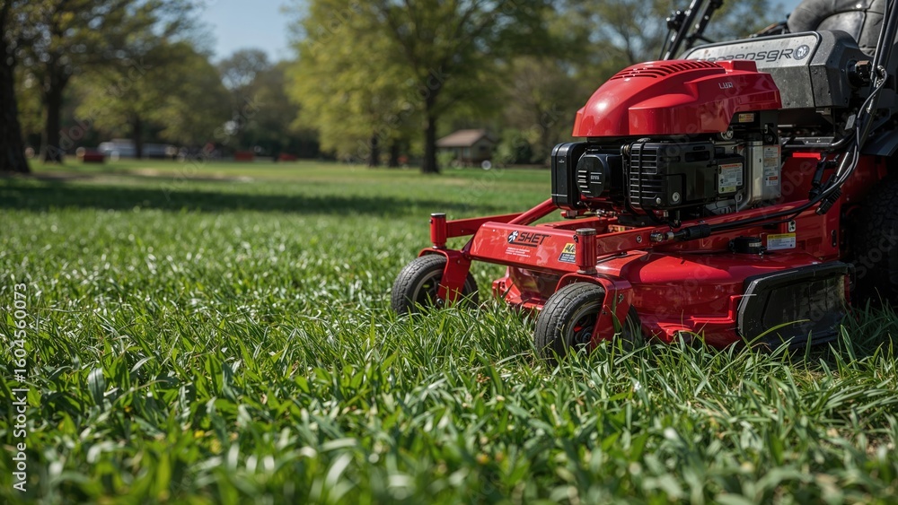 Obraz premium The green lawn is being mowed by a scarlet grass trimmer.