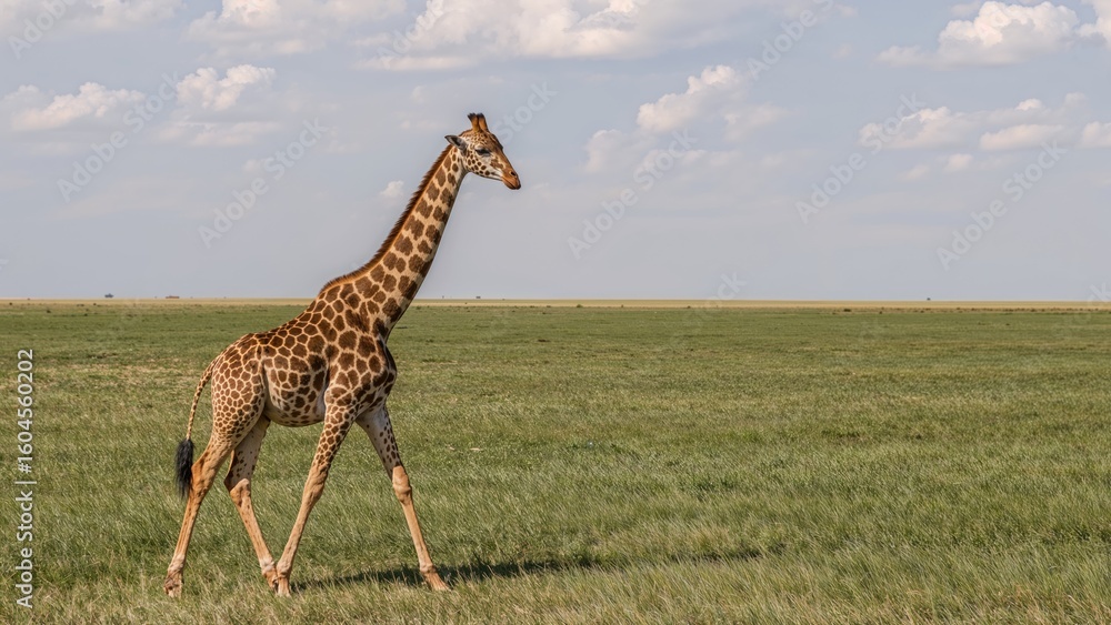 Obraz premium Isolated giraffe wandering and eating in expansive grasslands on a clear day with clouds