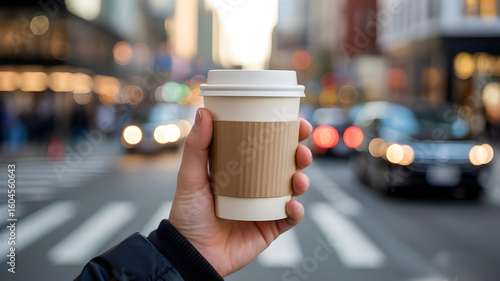 Hand holding coffee cup on city street takeout coffee to go coffee in hand urban scene coffee break
