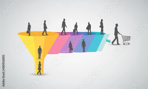 Sales funnel illustration of people converting into customers