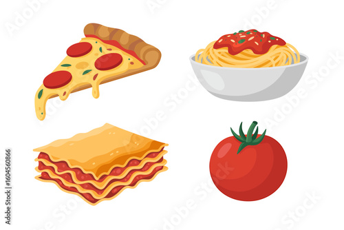 Delicious Italian food including pizza spaghetti lasagna and a fresh tomato isolated on a white background representing culinary excellence