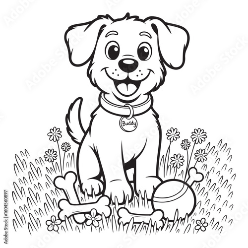 Cartoon dog sitting in grass with bones and ball outline