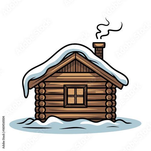 Cozy log cabin covered in snow during winter season a simple rustic dwelling illustration with smoke coming from chimney