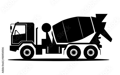 Black Silhouette of Cement Mixer Truck on White Background Heavy Duty Construction Vehicle Illustration Industrial Transport Machinery Detailed Graphic Isolated Image