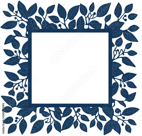Silhouette laser-cut frame with blue leaves, simple design, vector graphic, flat white background, simple design.