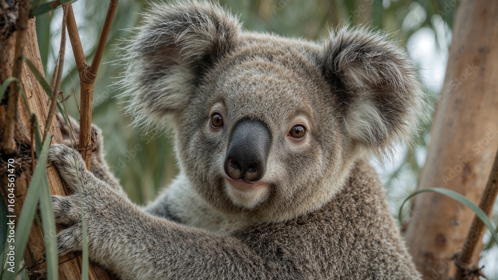 Naklejka premium Up-close image of a furry animal resting in a tree, highlighting its smooth gray fur, unique dark nose, and sizable ears.