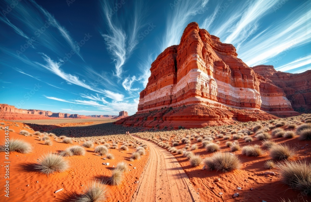 Fototapeta premium Vast desert landscape with towering red rock formations and a dirt trail under a dynamic sky