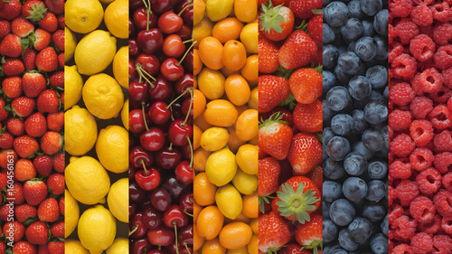 Assorted fresh fruits background featuring strawberries lemons cherries kumquats blueberries raspberries