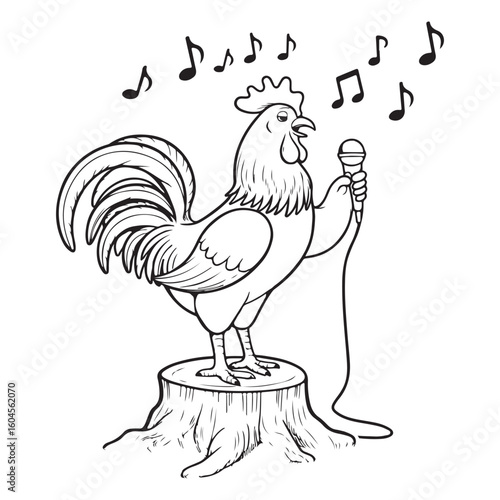 Cartoon rooster singing into a microphone on a tree stump