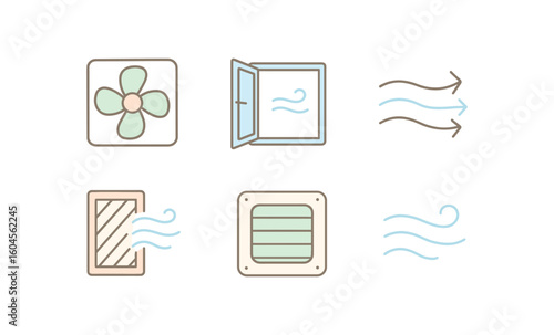 Simple airflow symbols: fan, window, ventilation and wind icons