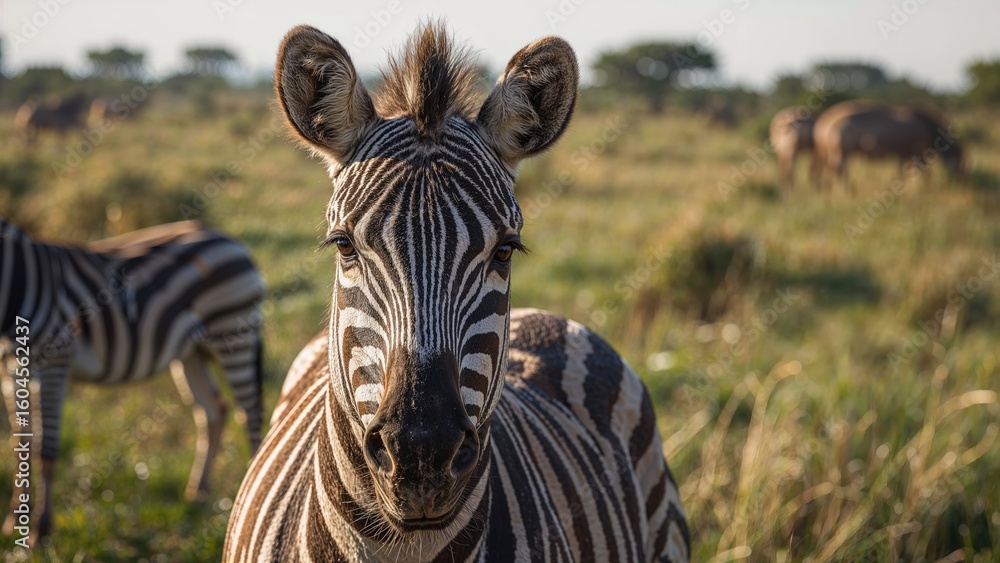 Fototapeta premium In the foreground, a zebra looks toward the lens while another grazes on grass farther back.
