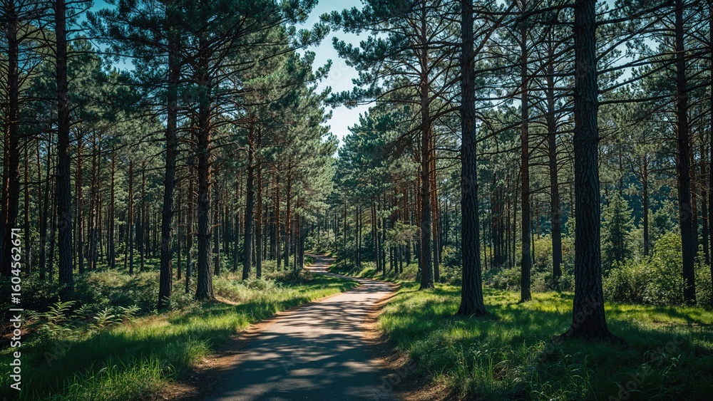 Fototapeta premium A sinuous path winds its way among gently swaying pine trees.