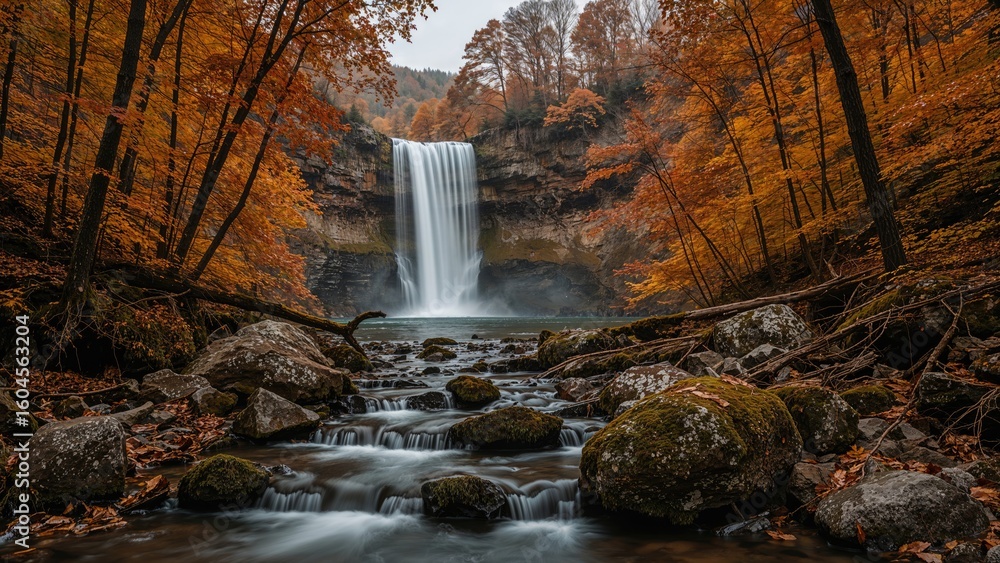 Fototapeta premium Seasonal forest view with flowing waterfall